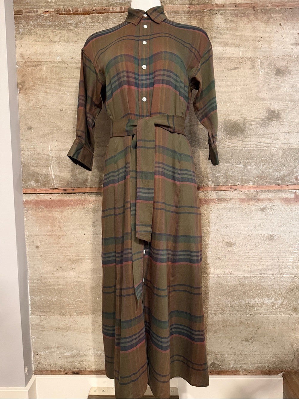 Polo by Ralph Lauren Olive Plaid Maxi Shirt Dress with Waist Tie